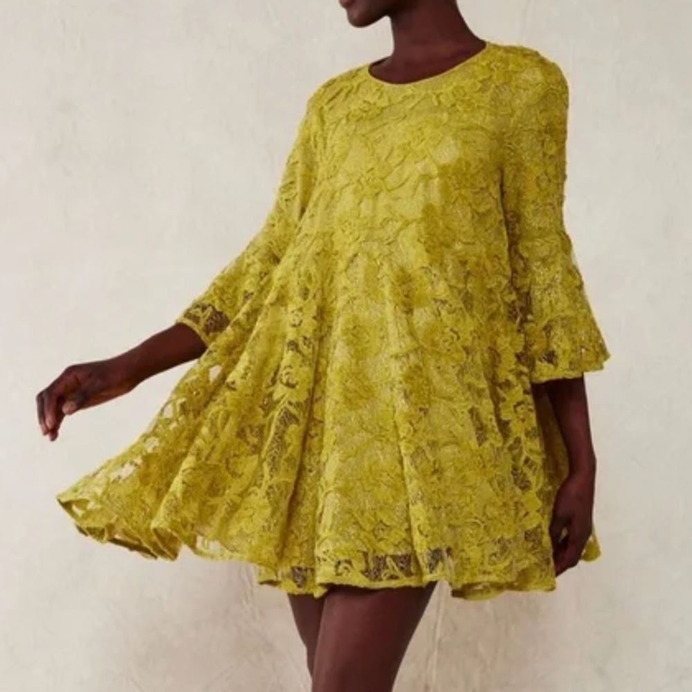 Free People Lace Swing Dress in Chartreuse Yellow
